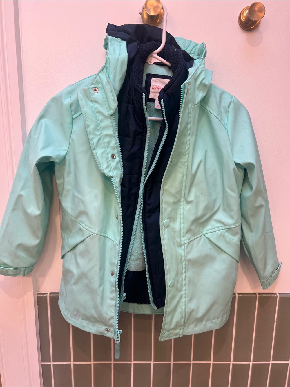 Kids Waterproof Mint Green Hooded Jacket with Removable Liner